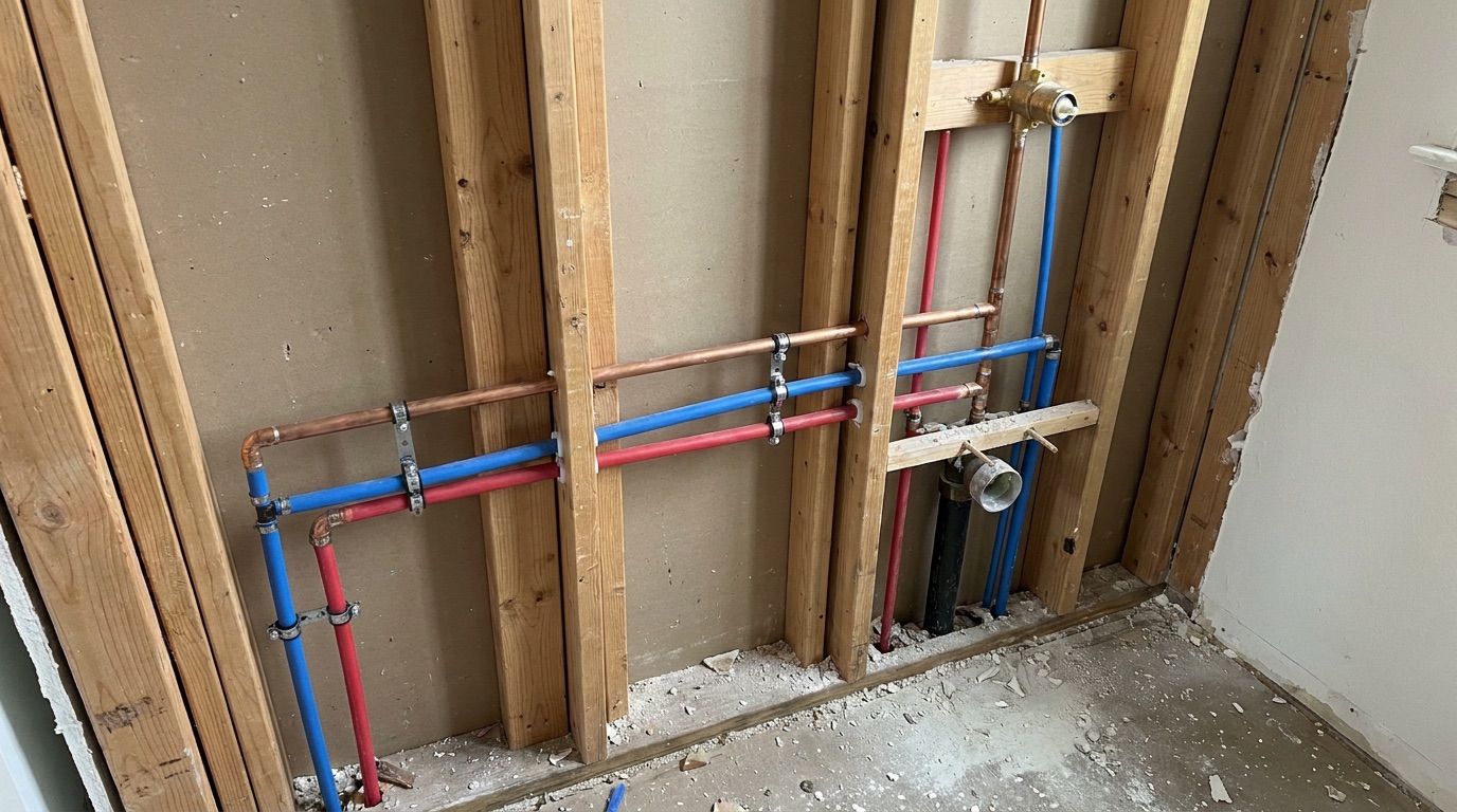Copper and PEX supply lines during a plumbing rough-in