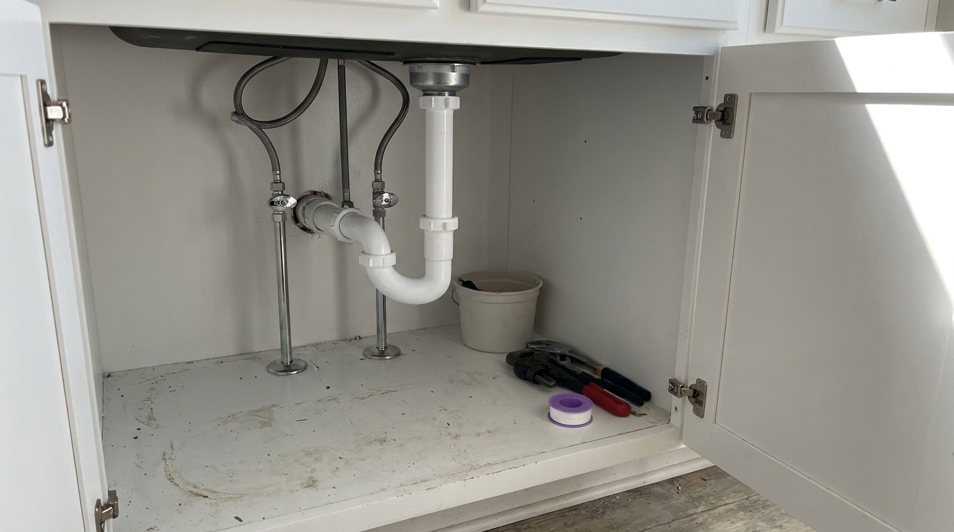 Plumber connecting supply lines under a sink