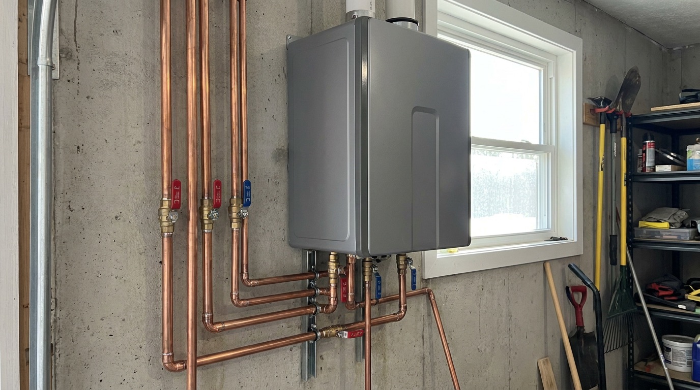 Water heater connections and shutoff valve in a utility closet